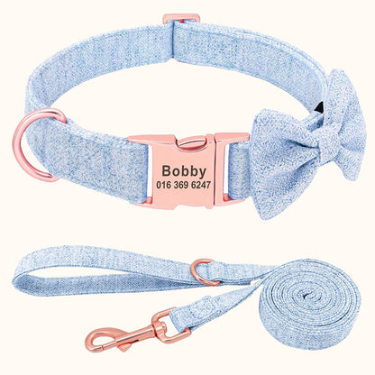 Dog Collar and Leash Set with free engraving – Tailored Elegance and Adorable Bow