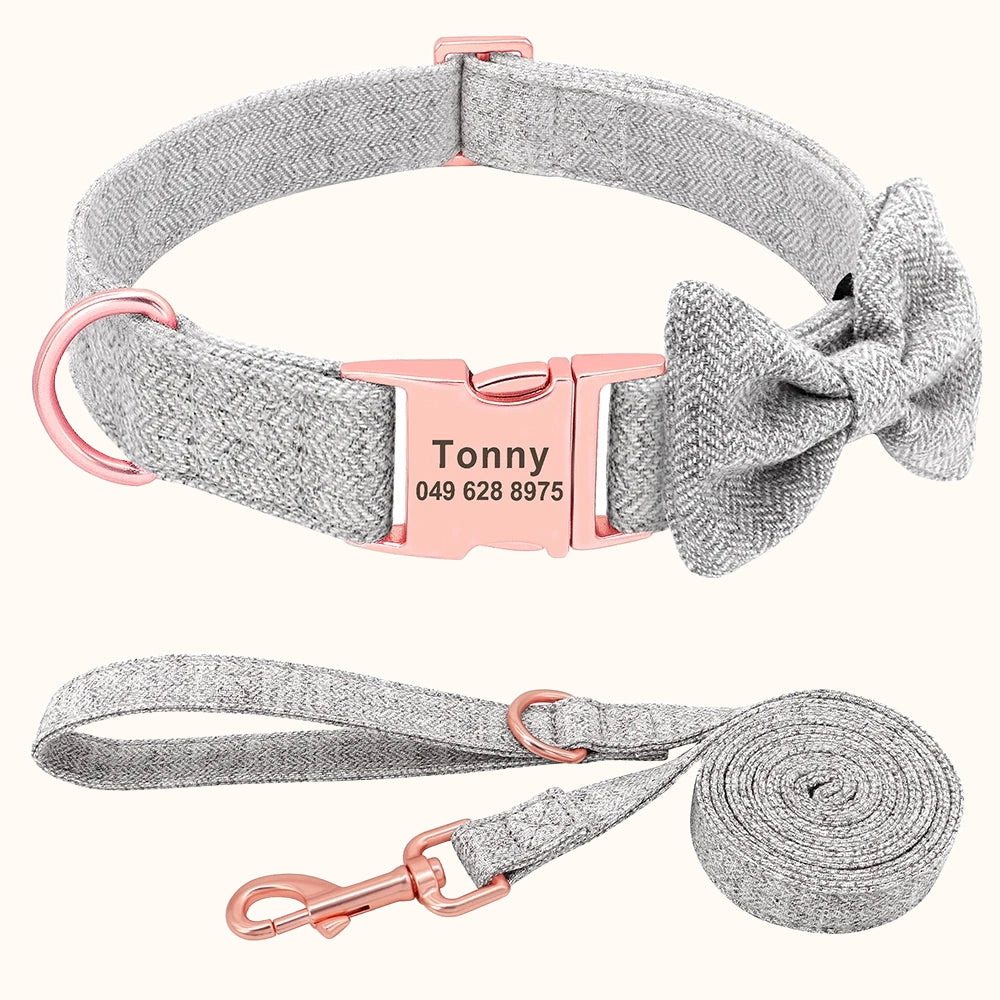 Dog Collar and Leash Set with free engraving – Tailored Elegance and Adorable Bow