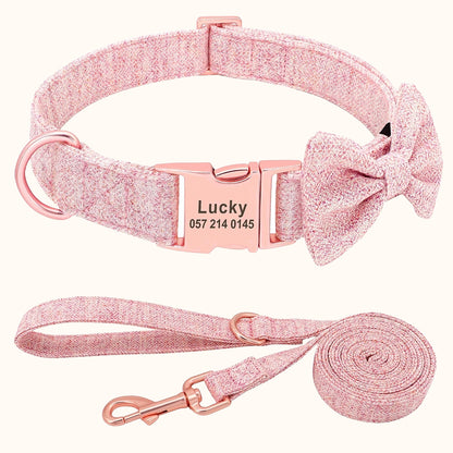 Dog Collar and Leash Set with free engraving – Tailored Elegance and Adorable Bow